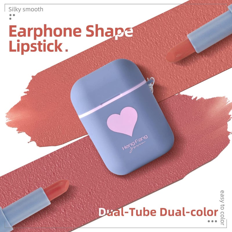 Heng Fang Matte Lipstick, 2Pcs/Set Waterproof Long Lasting Moisturizing Lip Stain Earphone Dual-color Lip Tint Gloss, Non-stick Cup Lip Make Up Gift Kit for Girls (Blue) - Image 2